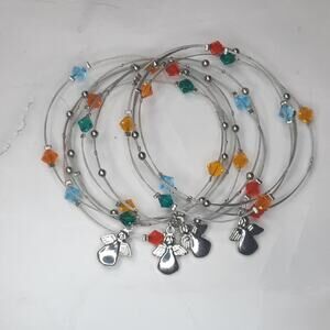 Set of 9 Stackable Silver Wire Bracelets Angels Colored Beads